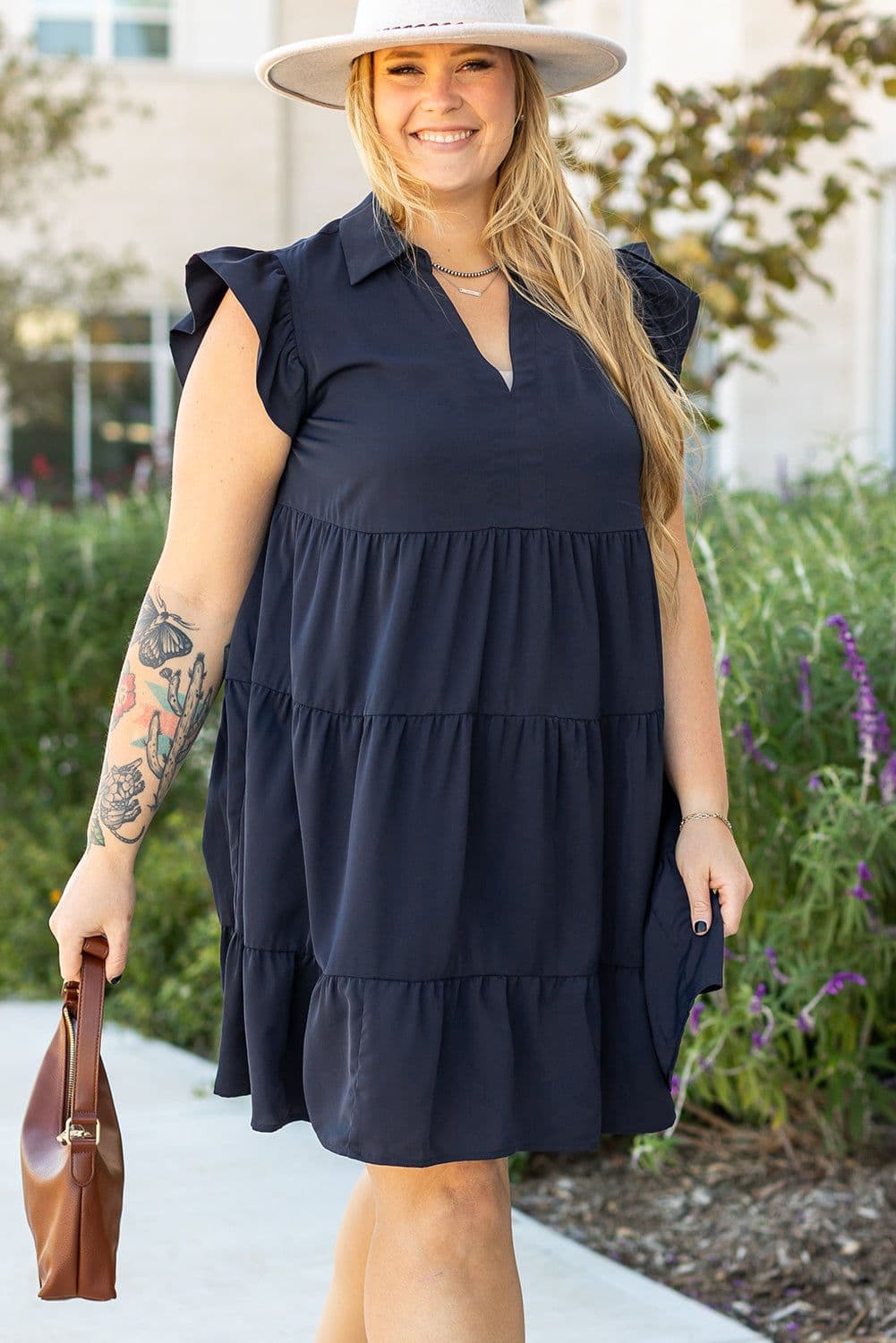 image-Navy Blue Collared V Neck Flutter Sleeve Tiered Dress