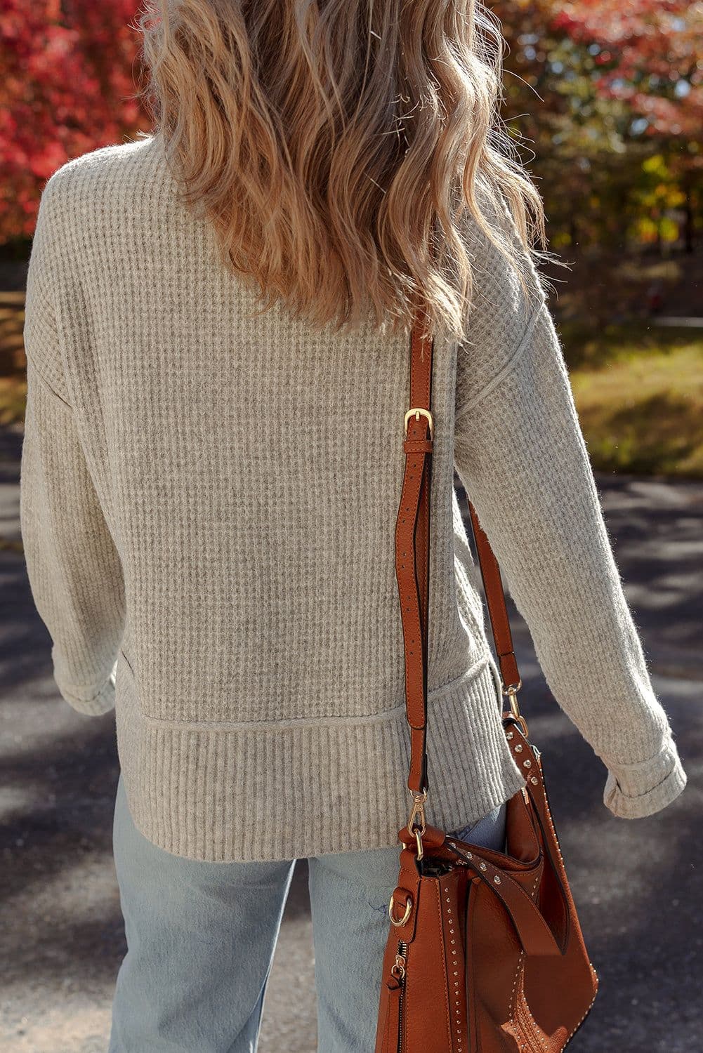 image-Gray Morn Waffle Knit High Neck Sweater - Drop Shoulder