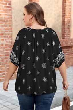 image-Yellow Floral Boho Chic Top - Plus Size Notched V-Neck Short Sleeve