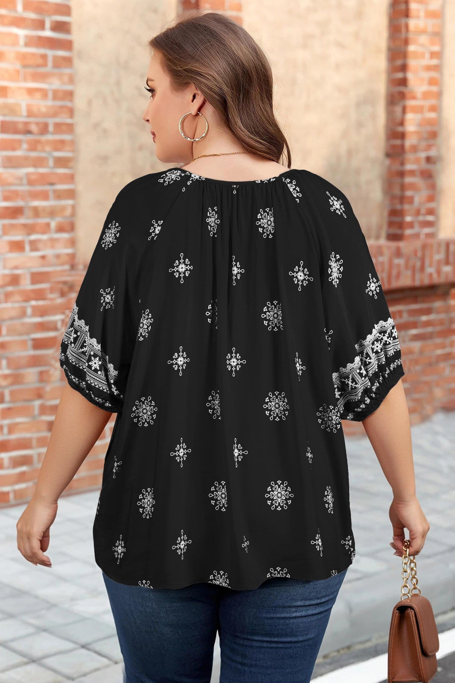 image-Yellow Floral Boho Chic Top - Plus Size Notched V-Neck Short Sleeve