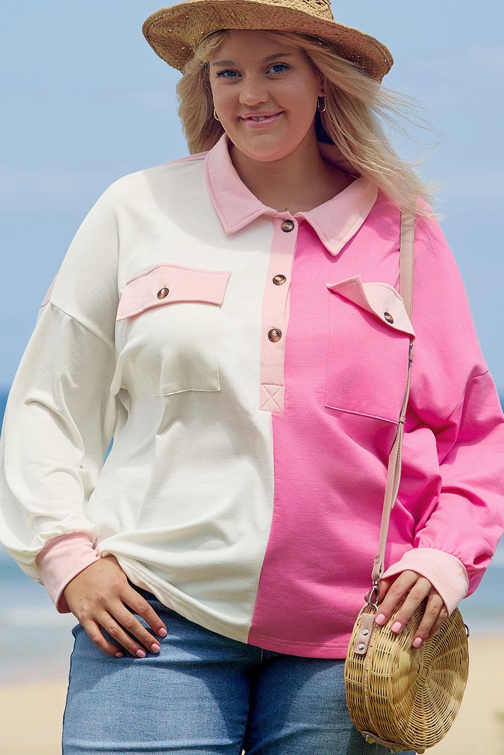 image-Bonbon Plus Size Color Block Sweatshirt with Chest Pockets Half Button