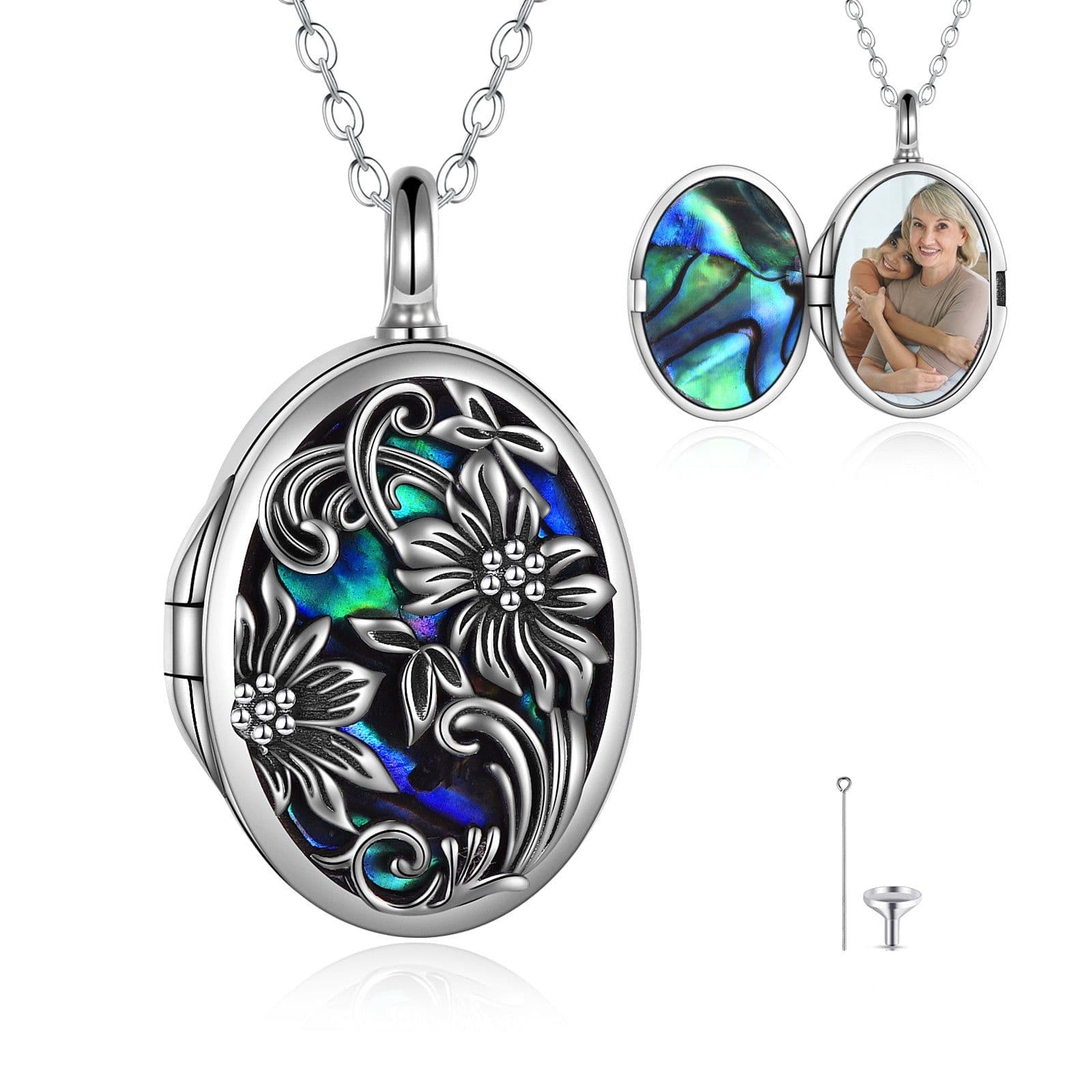 image-Sunflower Photo Urn Necklace for Ashes Sterling Silver Vintage Oval Cremation Jewelry