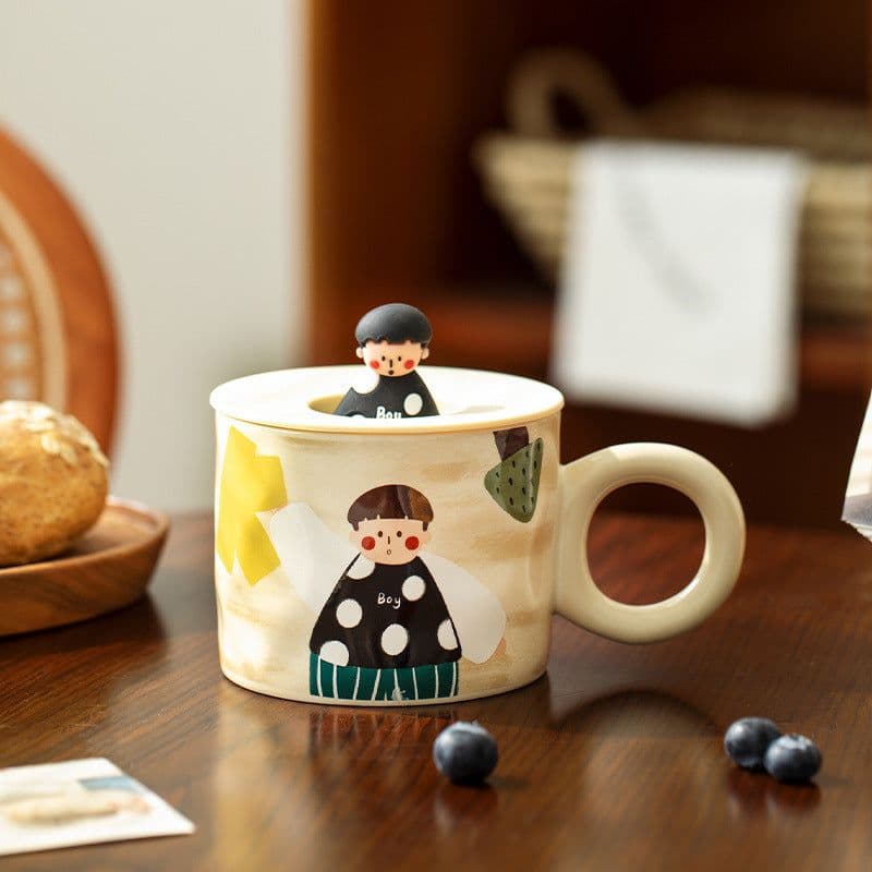 image-Retro Couple Water Cup Ceramic Cup Mug With Lid