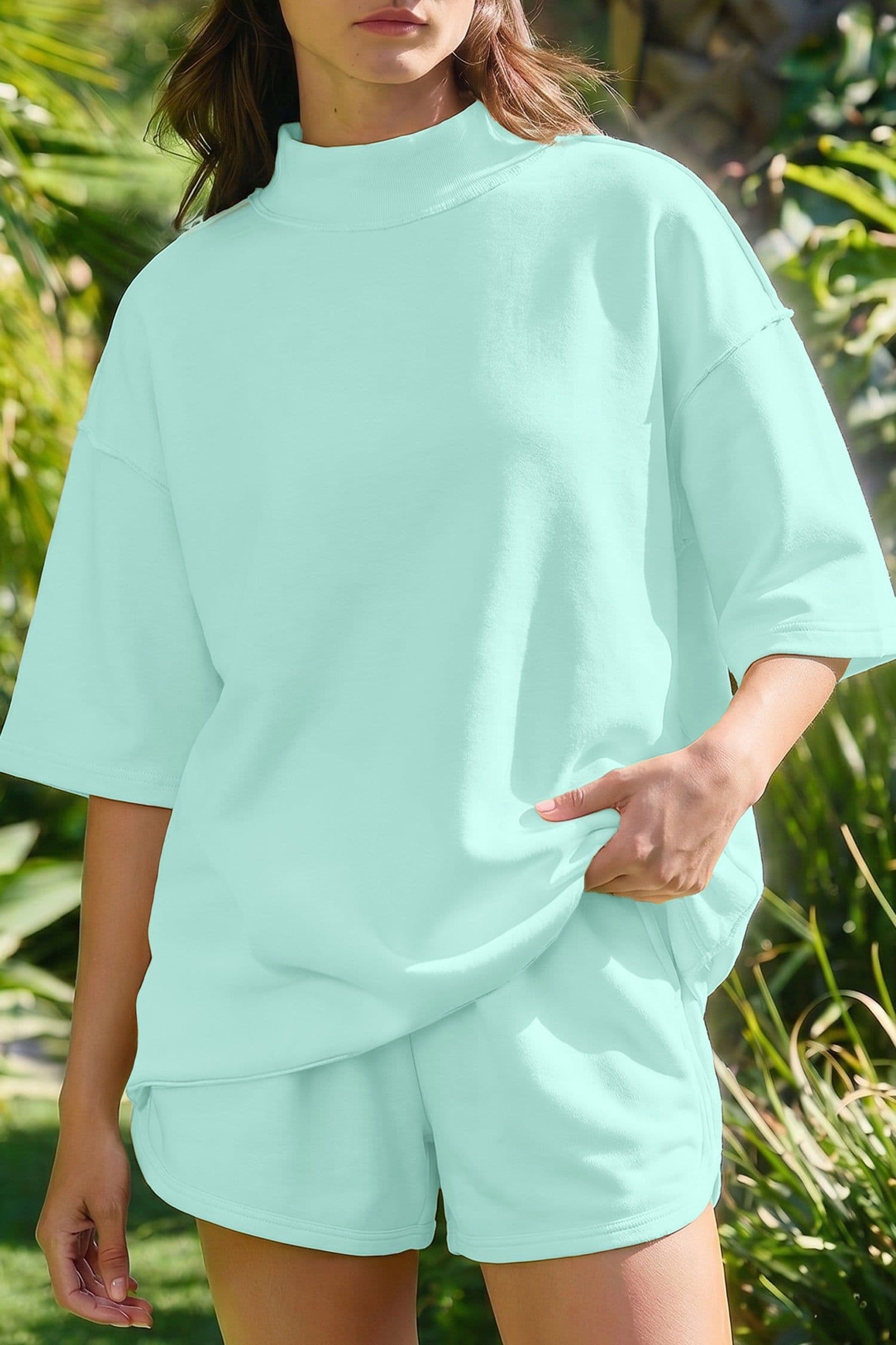 image-Yellow Cream Mock Neck Tee & Shorts 2pc Set
