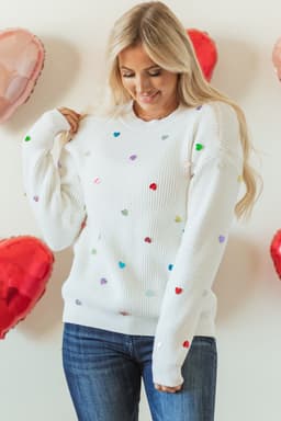 image-Beige Sequin Heart Waffle Knit Sweater (51 characters)