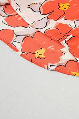 image-Orange Floral Bubble Sleeve Frill Neck Loose Blouse