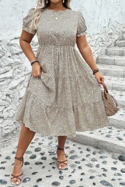 image-Leopard Print Frill Trim Flared Dress - Beige Plus Size