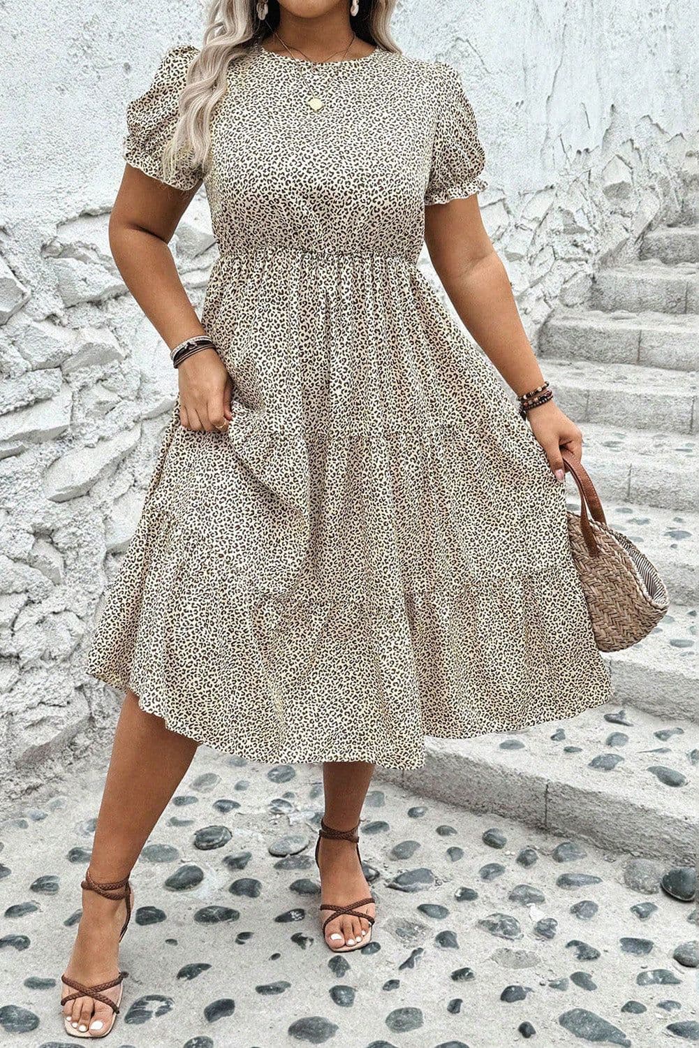 image-Leopard Print Frill Trim Flared Dress - Beige Plus Size