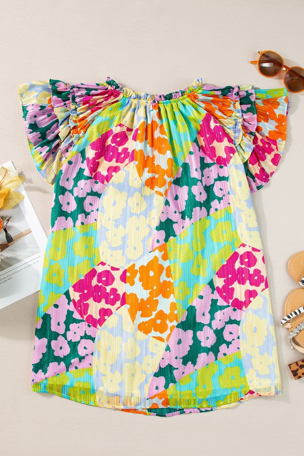 image-Leopard Flutter Sleeve V Neck Crinkled Blouse - Multicolour
