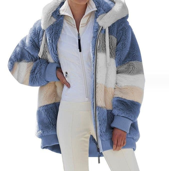 image-Women's Loose Plush Multicolor Hooded Jacket
