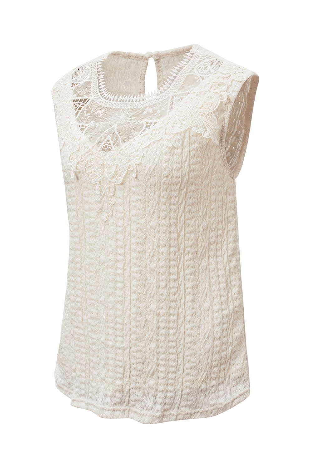 image-Guipure Lace Crochet Keyhole Back Tank Top - Apricot