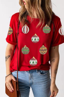 image-Red Christmas Ornament Sequin Graphic Tee
