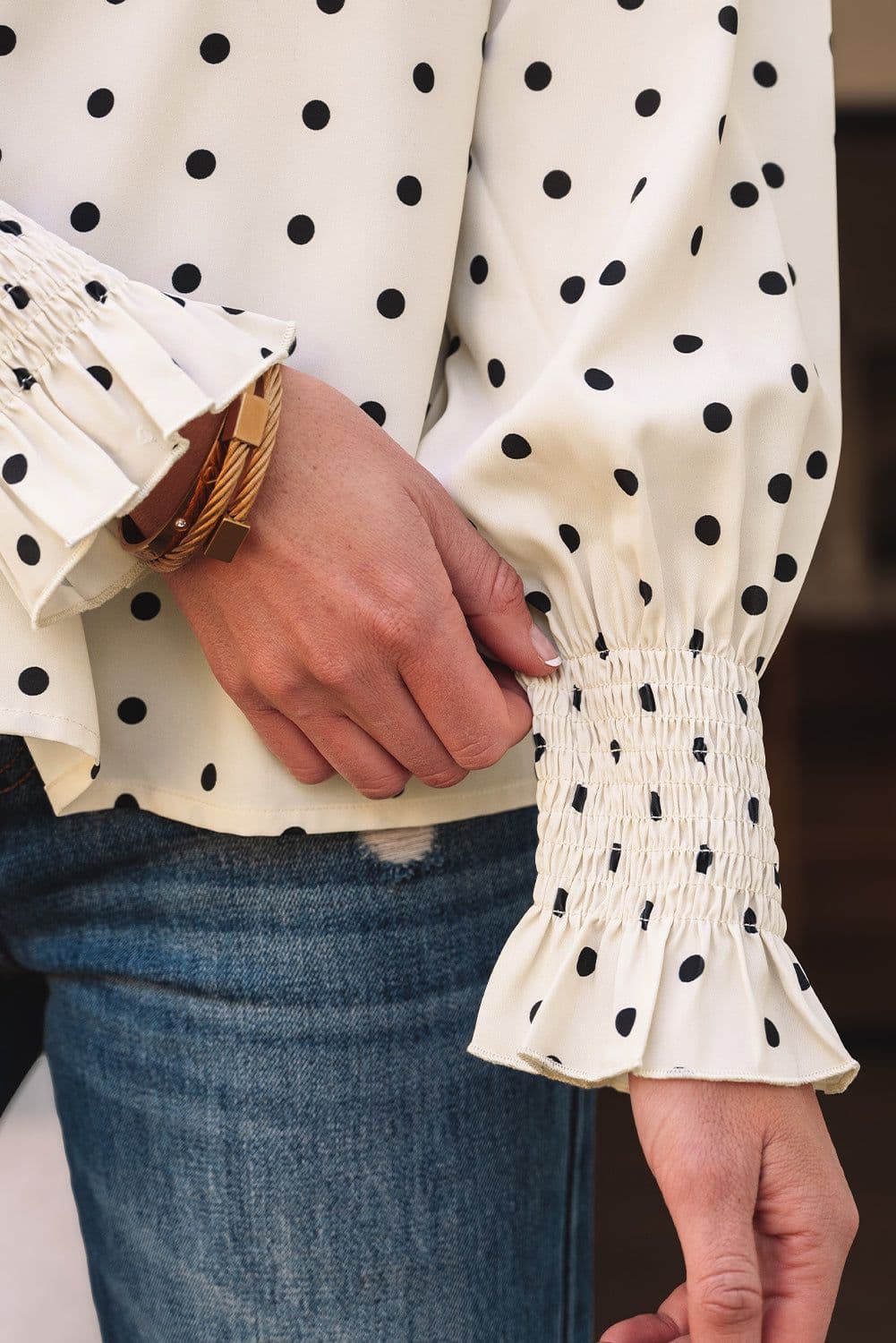image-Apricot Polka Dot Print Frilled Collar Lantern Sleeve Blouse