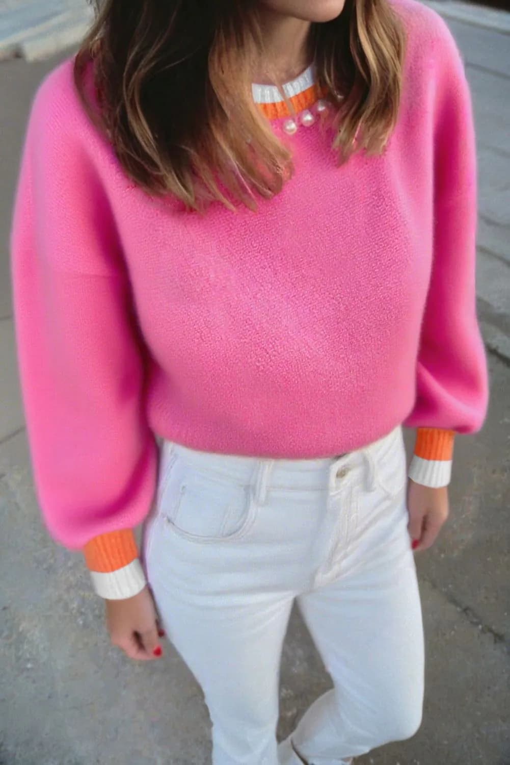 image-Sachet Pink Contrast Crew Neck Pearled Knit Sweater