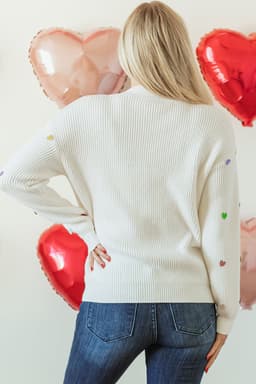 image-Beige Sequin Heart Waffle Knit Sweater (51 characters)