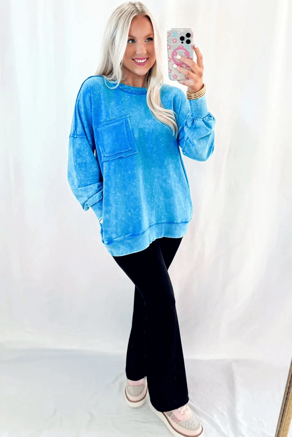image-Blue Mineral Wash Sweatshirt Raw Seam Pockets