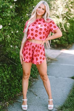 image-Rose Floral Print Crop Tee and Shorts Lounge Set