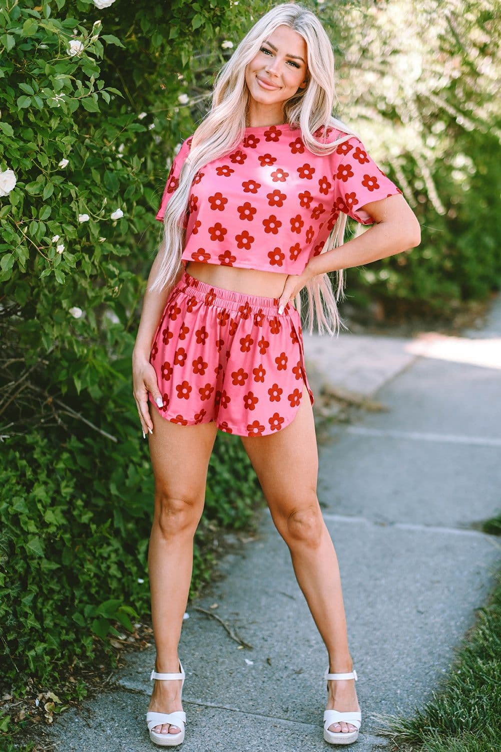 image-Rose Floral Print Crop Tee and Shorts Lounge Set