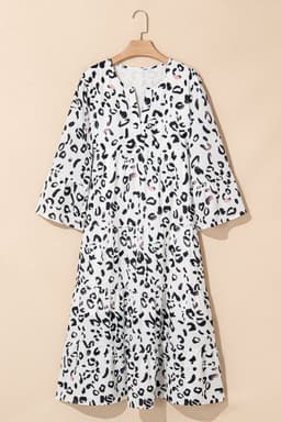image-White Leopard Print Maxi Dress V-Neck Loose Fit Elegant Tiered Design