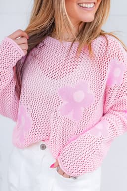 image-Light Pink Hollowed Knit Drop Shoulder Sweater - Chic & Feminine