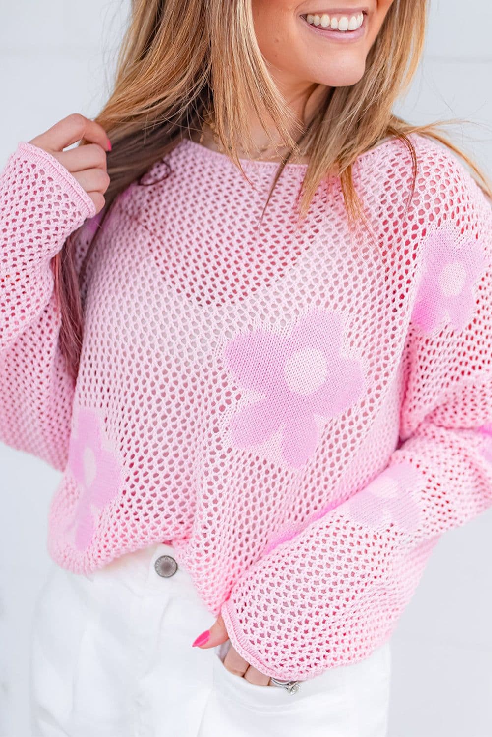 image-Light Pink Hollowed Knit Drop Shoulder Sweater - Chic & Feminine
