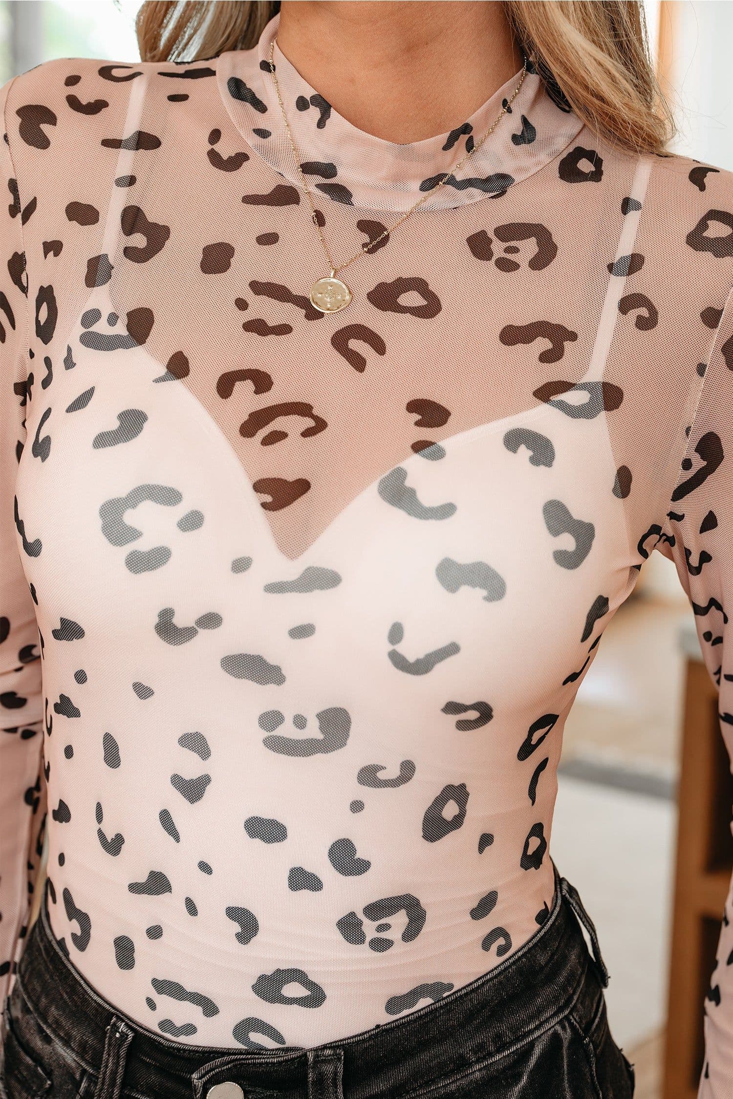 image-Khaki Leopard Mock Neck Bodysuit Long Sleeve