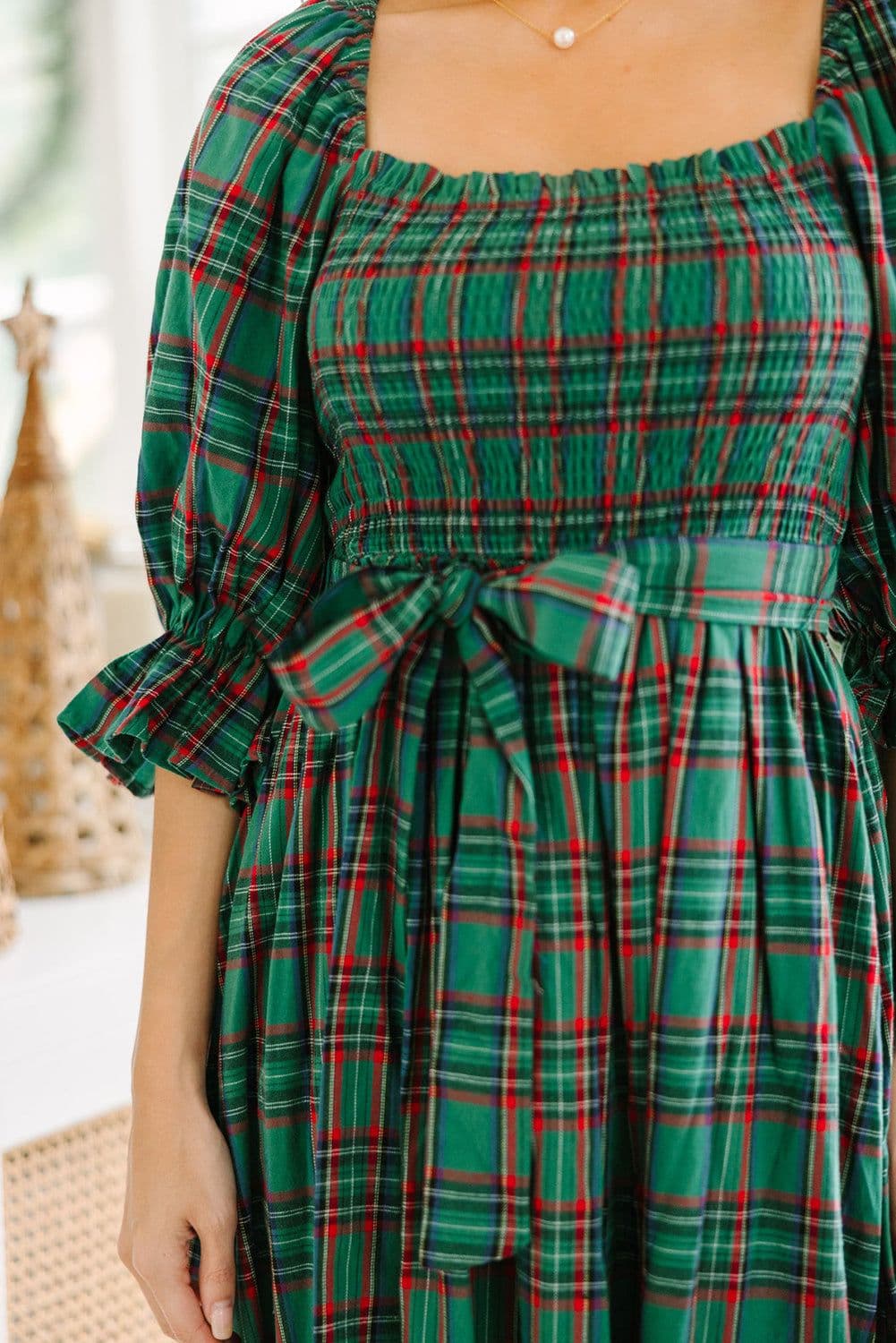 image-Green Tartan Plaid Square Neck Puff Sleeve Knot Waist Flared Midi Dress