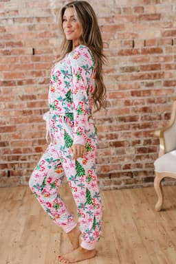 image-Pink Christmas Pattern Button V Neck Pullover Drawstring Pants 2pcs Lounge Set