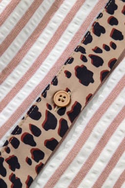 image-Pink Stripe Leopard Trim V Neck Button Down Shirt