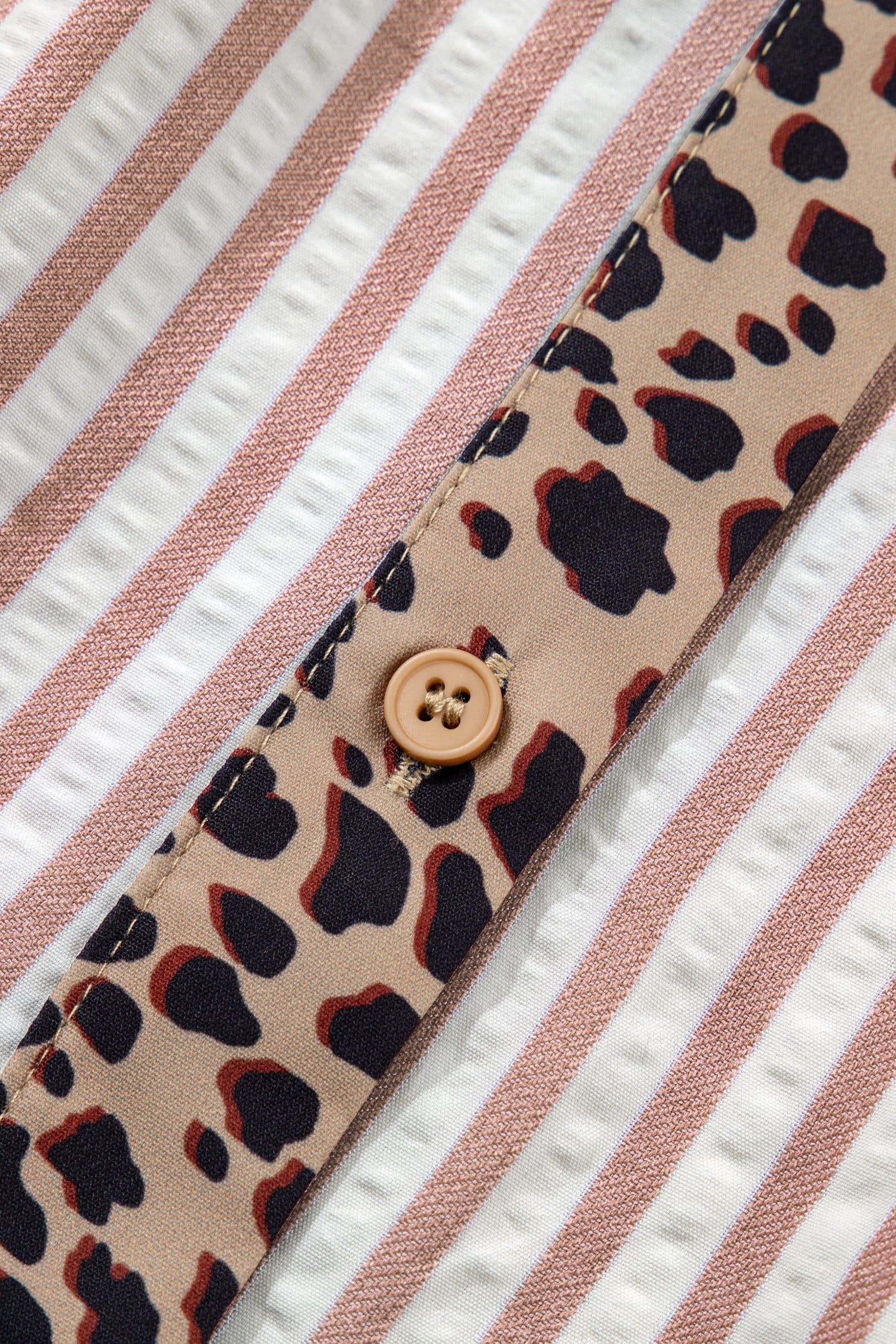 image-Pink Stripe Leopard Trim V Neck Button Down Shirt