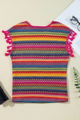 image-Rose Red Jacquard Tasseled Cap Sleeve Top - Luxurious Fabric