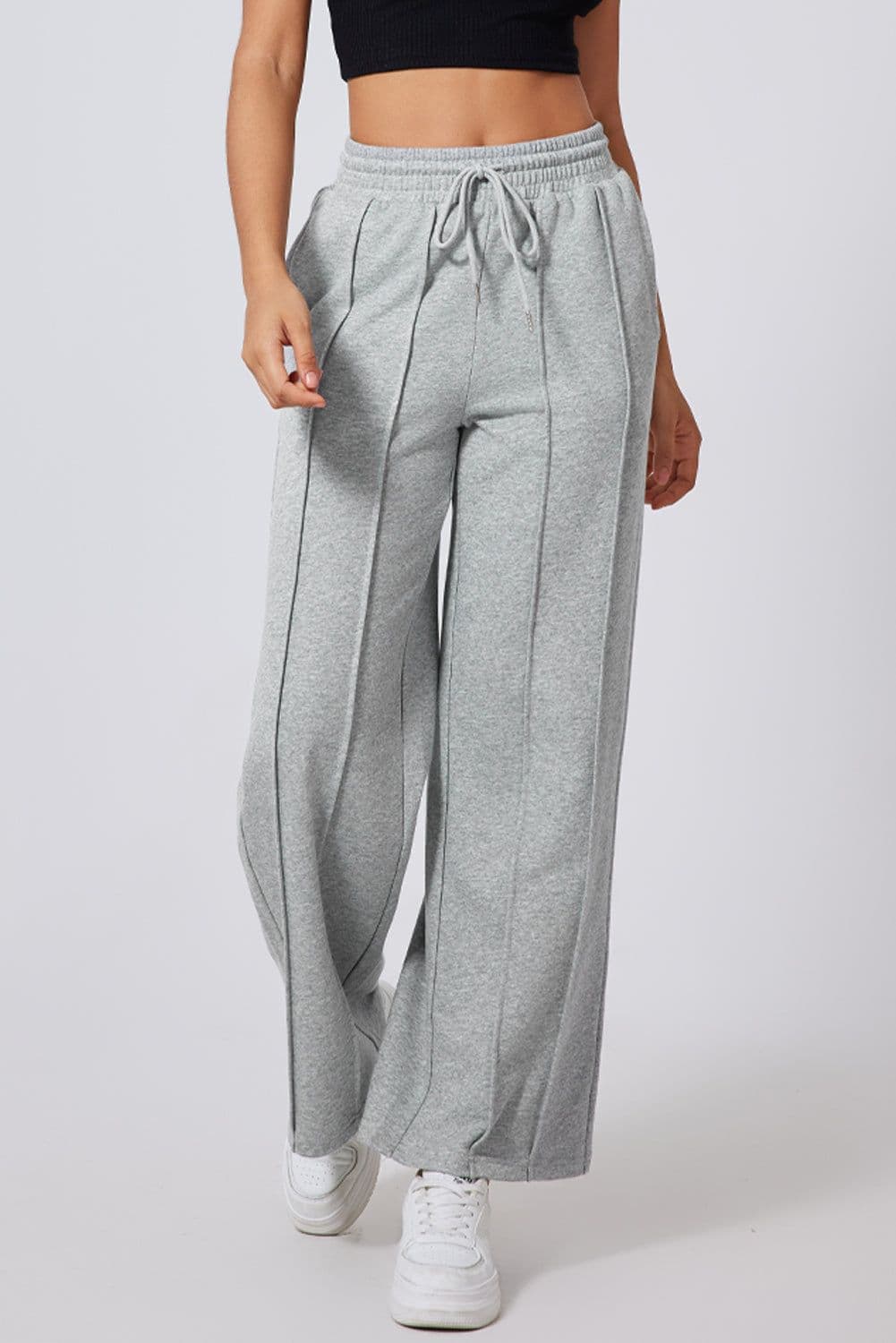 image-Black Seamed Drawstring High Waist Wide Leg Sweatpants