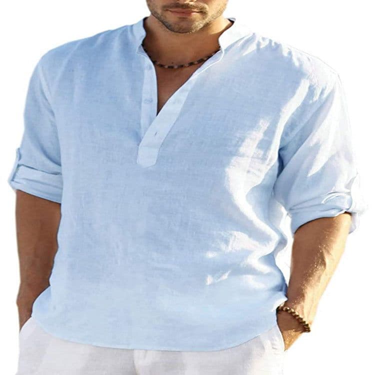 image-Men's Casual Cotton Linen Solid Color Long Sleeve Shirt Loose Stand Collar