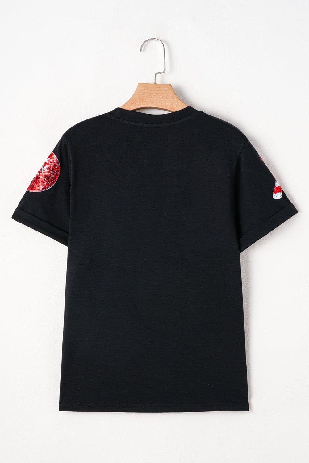 image-Sequin Christmas Graphic Crewneck T-Shirt - Black, Festive Design, Soft Fabric
