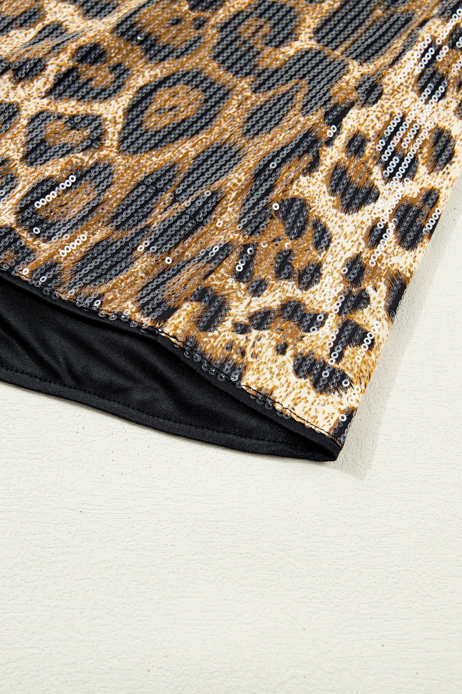 image-Brown Sequin Leopard Pattern Short Sleeve Top