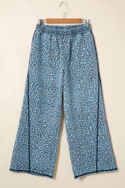 image-Blue Leopard Print Wide Leg Jeans with Exposed Seam, Drawstring