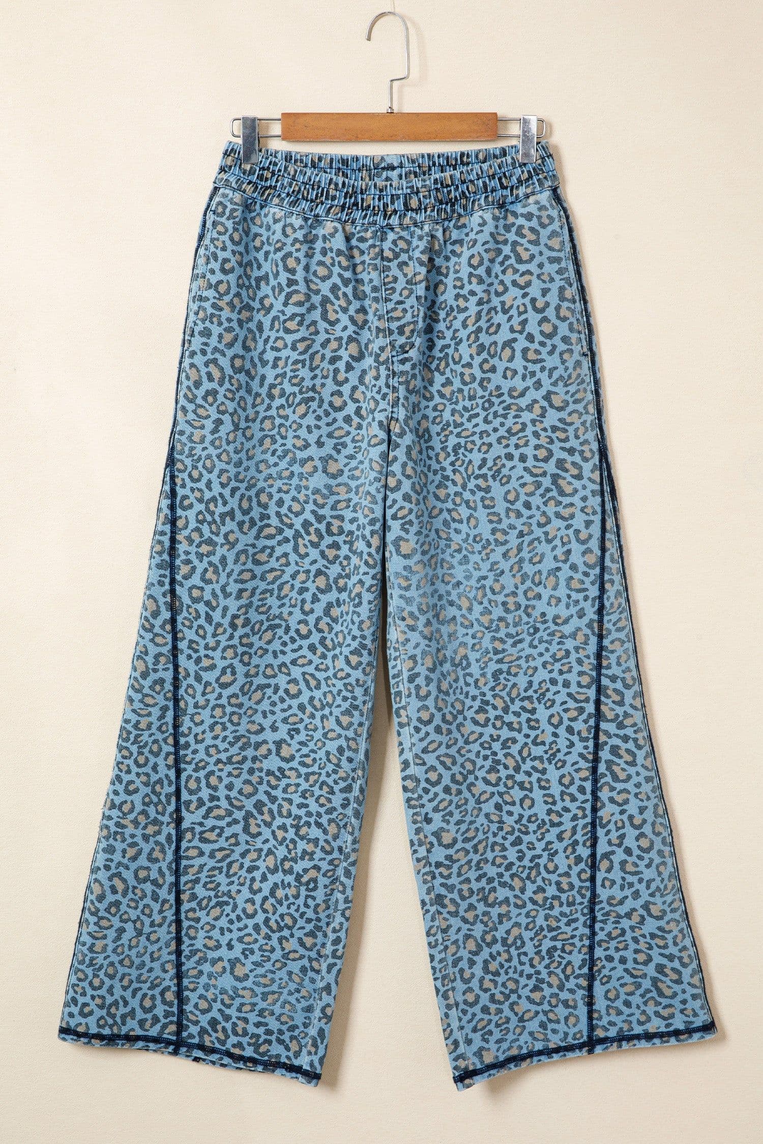 image-Blue Leopard Print Wide Leg Jeans with Exposed Seam, Drawstring