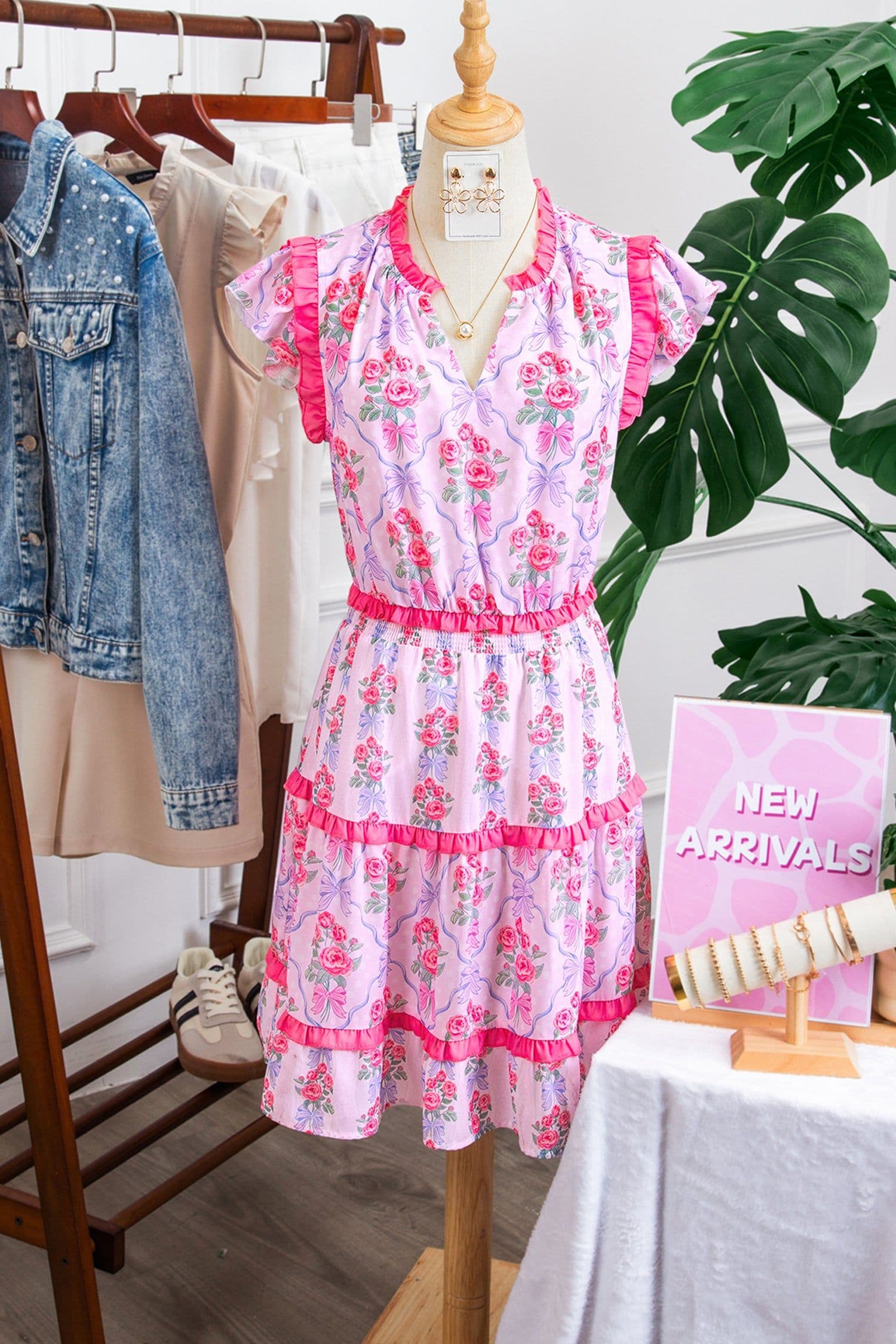 image-Purple Floral Tiered Ruffle Sleeveless V-Neck Mini Dress
