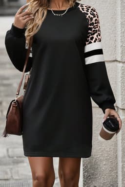 image-Black Leopard Print Patchwork Varsity Raglan Sleeve Sweatshirt Dress