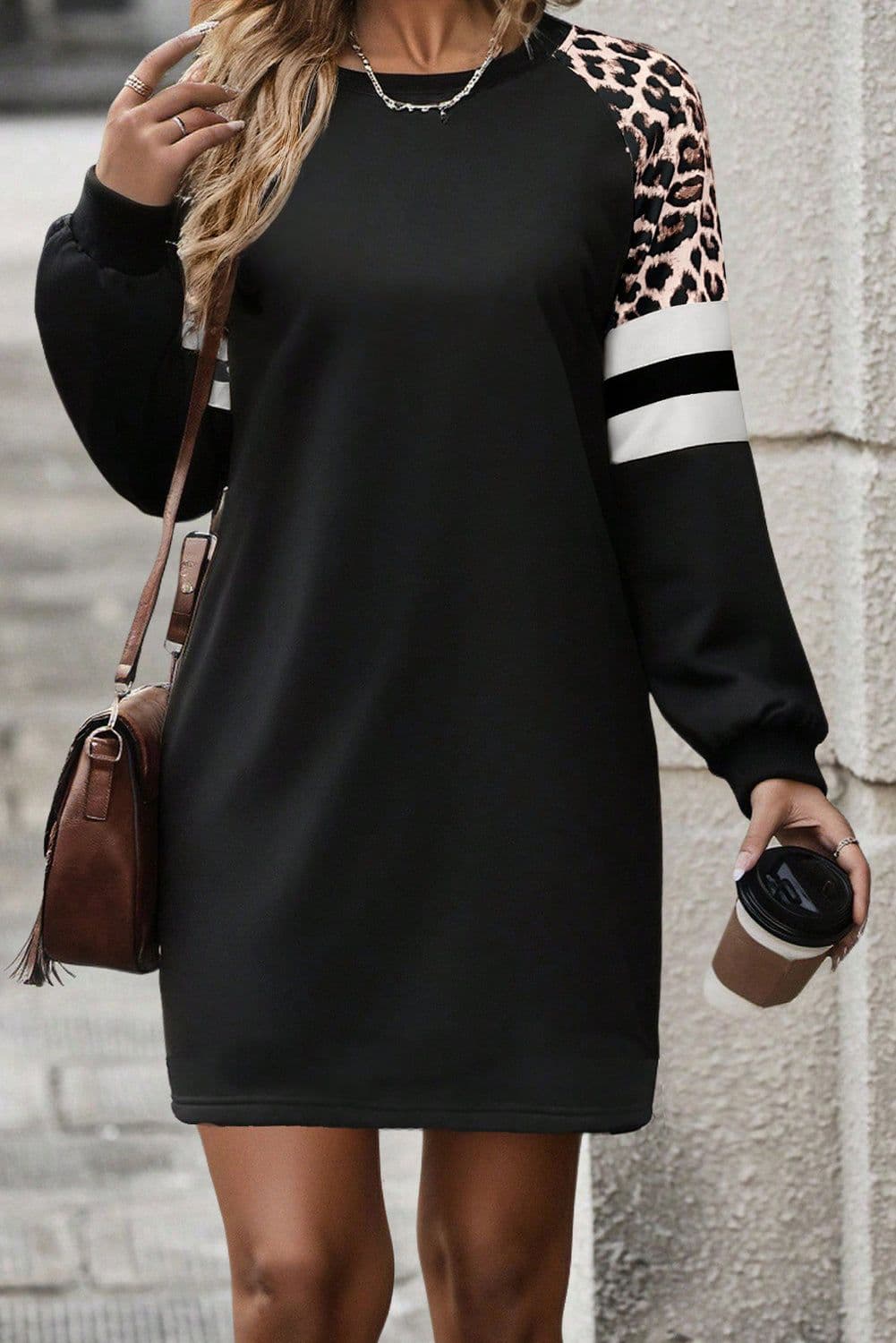 image-Black Leopard Print Patchwork Varsity Raglan Sleeve Sweatshirt Dress