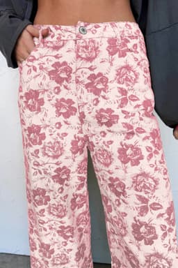 image-Pink Vintage Floral Print Denim Shift Pants