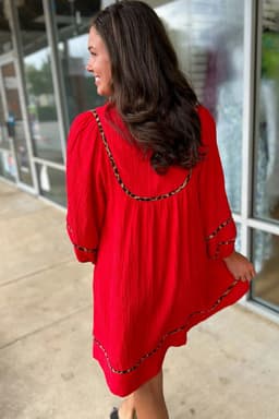 image-Fiery Red Textured V Neck Leopard Trim Shift Mini Dress