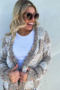 image-Brown Confetti Dot Checkered Cardigan Pockets