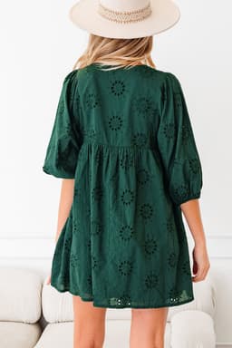 image-Blackish Green Embroidered Eyelet Puffy Sleeve Mini Dress