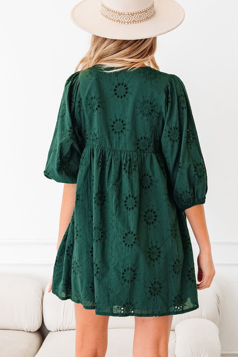 image-Blackish Green Embroidered Eyelet Puffy Sleeve Mini Dress