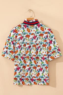 image-Multicolour Contrasted V Neckline Floral Puff Short Sleeve Blouse