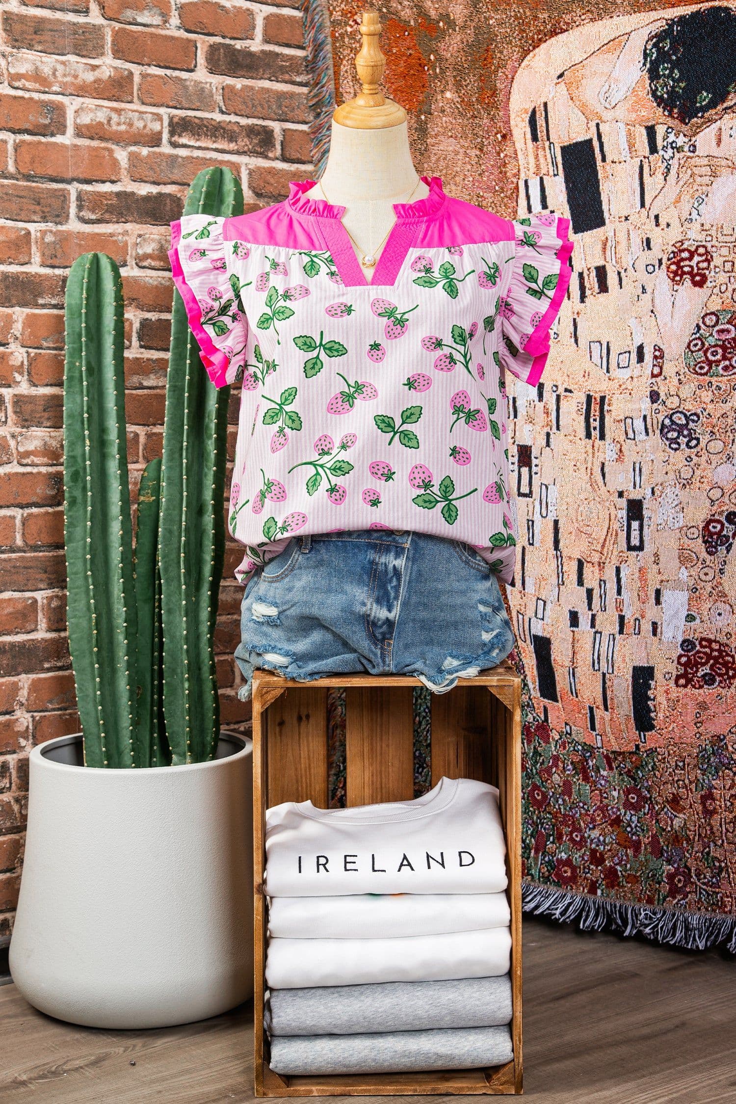 image-Pink Striped Strawberry Blouse - V Neck Flutter Sleeve