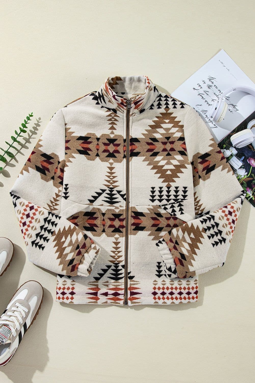 image-Beige Aztec Print Stand Neck Zip Jacket