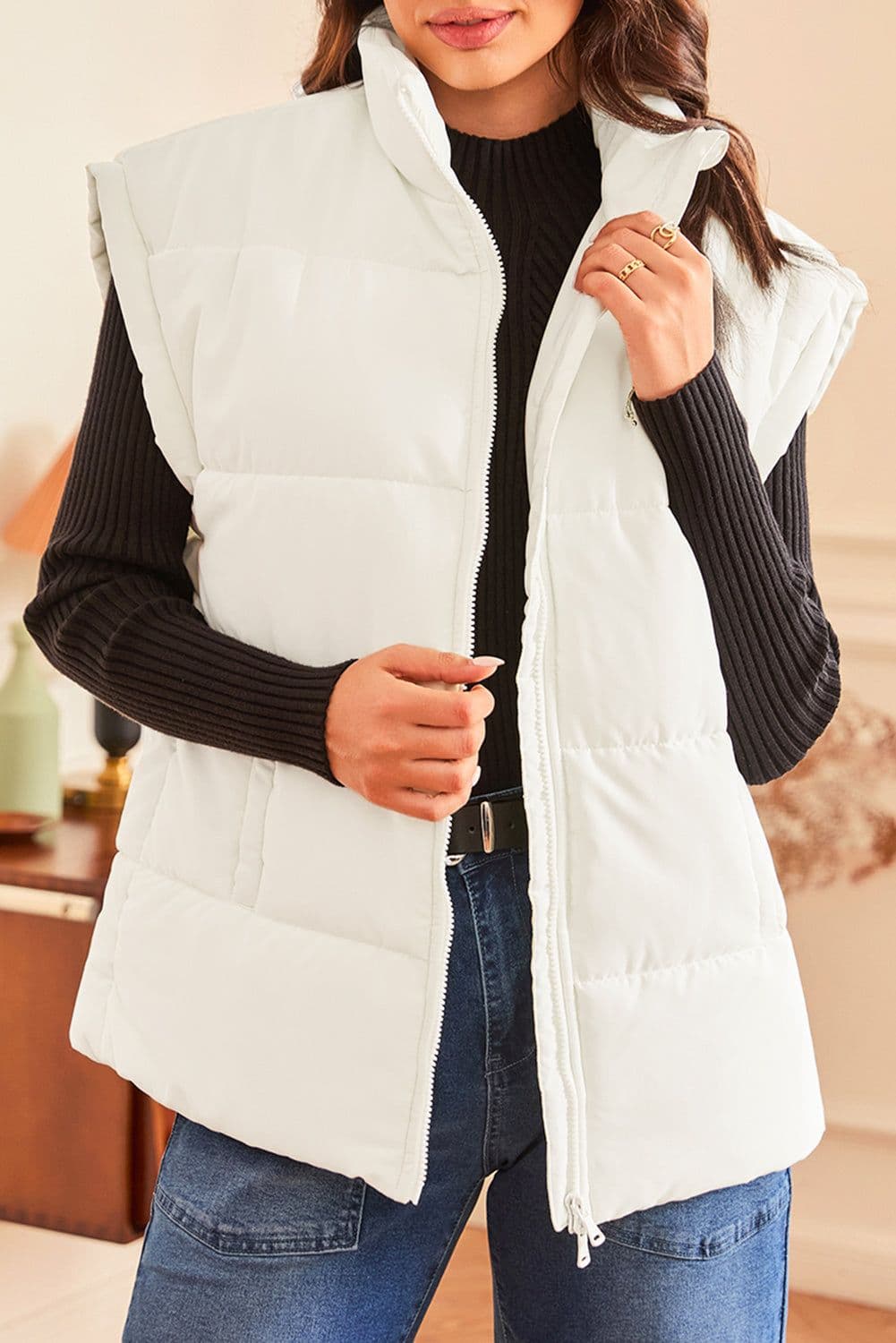 image-Black Oversized Puffer Vest Zipper Stand Neck