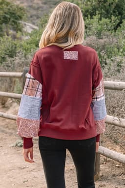 image-Smoke Gray Plaid Colorblock Patchwork Sweatshirt